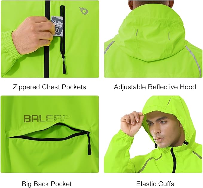 baleaf Men's Rain Jacket Waterproof Windbreaker Raincoat Running Cycling Hiking Gear Hood Lightweight Reflective Packable