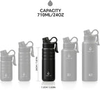 IDEUS Insulated Stainless Steel Water Bottle with 2 Leak-Proof Lids, Thermal Water Flask for Hiking Biking, 24oz, Black