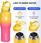 SENDESTAR 32oz Water Bottle Wide Mouth Stainless Steel Vacuum Insulated Double Wall with 2 Straw Lids Fit in Any Car Cup Holder TXIN-32-YP-1