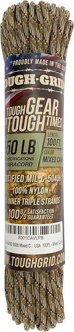 TOUGH-GRID 550 Paracord Rope Nylon Parachute Cord, Made in USA Survival Kit, Outdoor Adventures, Camping, Tactical Gear & Emergency Supplies, Military Type III Mil-Spec