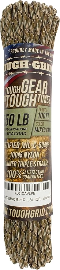 TOUGH-GRID 550 Paracord Rope Nylon Parachute Cord, Made in USA Survival Kit, Outdoor Adventures, Camping, Tactical Gear & Emergency Supplies, Military Type III Mil-Spec