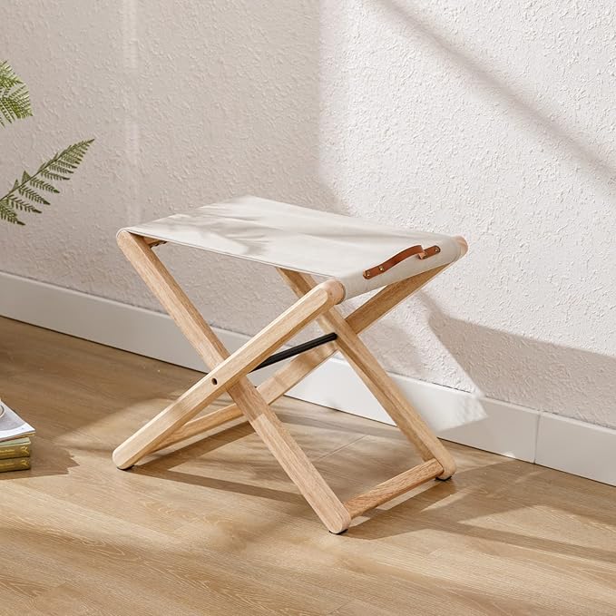 Wood Folding Camping Stools Set of 4, 18.5" Hardwood Portable Fishing Folding Stool with Heavy Duty Metal Support Canvas Camp Stool Foldable Footstool for Outdoor Hiking Picnic BBQ, Beige