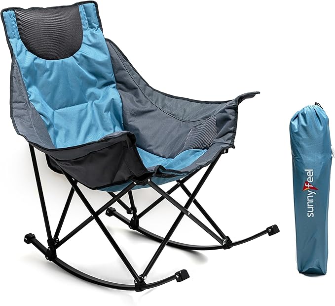 SUNNYFEEL Rocking Camping Chair, Luxury Padded Recliner, Oversized Folding Lawn Chair with Pocket, Heavy Duty for Outdoor/Picnic/Lounge/Patio, Portable Camp Rocker Chairs with Carry Bag