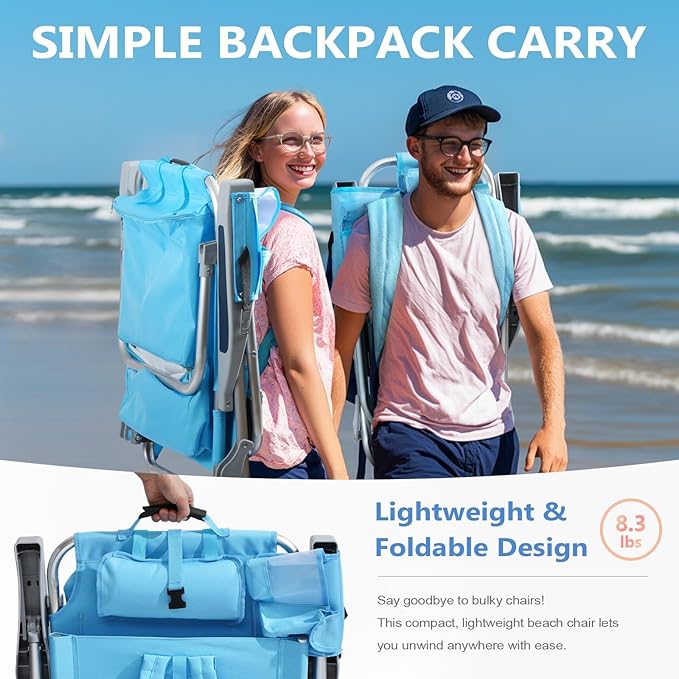 5-Position Aluminum Lay Flat Backpack Beach Chair, Compact Portable Low Beach Chairs for Adults with Cooler Pouch, Storage Pouch, Towel Bar, Cup Holder & Phone Holder, Blue