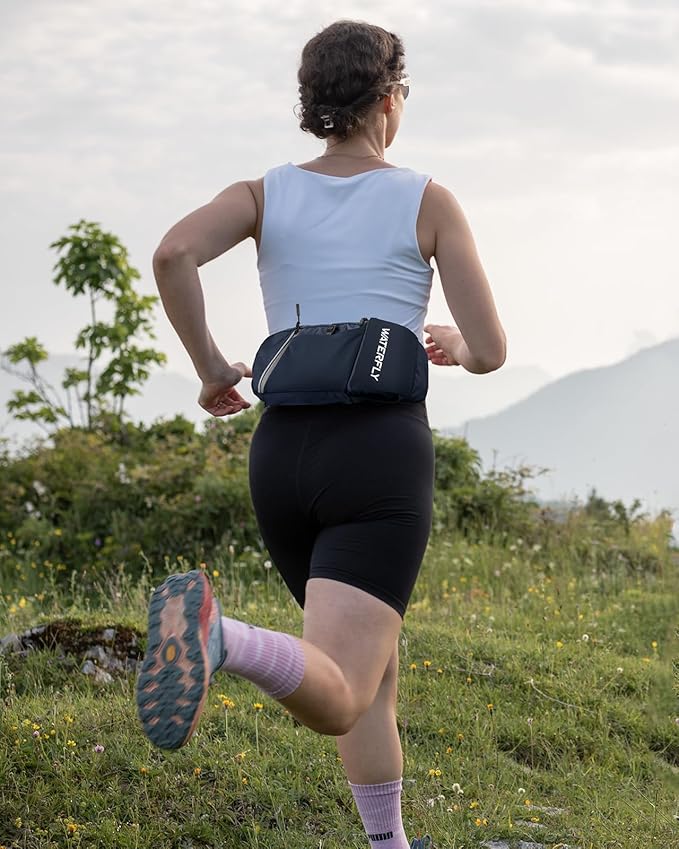 WATERFLY Fanny Pack Waist Bag: Hiking Water Bottle Holder with Strap Waist Pack for Women Men Hydration Hip Packs for Running Walking Traveling-Navy Blue