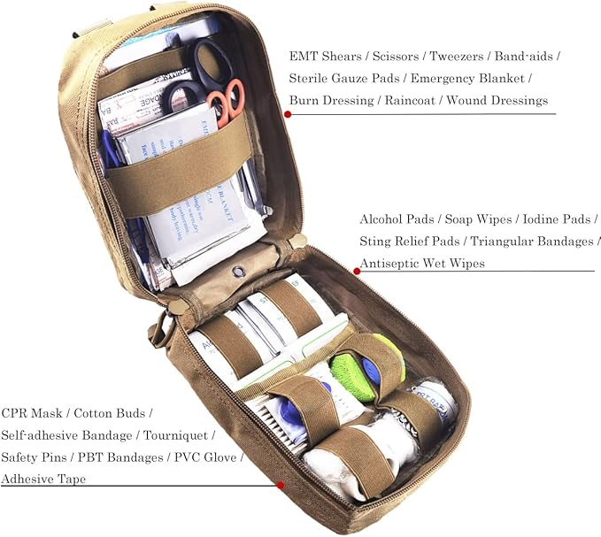 Carlebben EMT Pouch MOLLE Ifak Pouch Tactical MOLLE Medical First Aid Kit Utility Pouch (With Medical Supplies Tan)