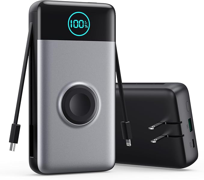 Portable Charger 40800mAh Power Bank with Built-in Cables,Wall Plug and iWatch Charger,6-IN-1 QC4.0+25W PD USB C Fast Phone Charging,LCD Display Battery Pack for iPhone 16/15/14,Apple Watch,Galaxy etc