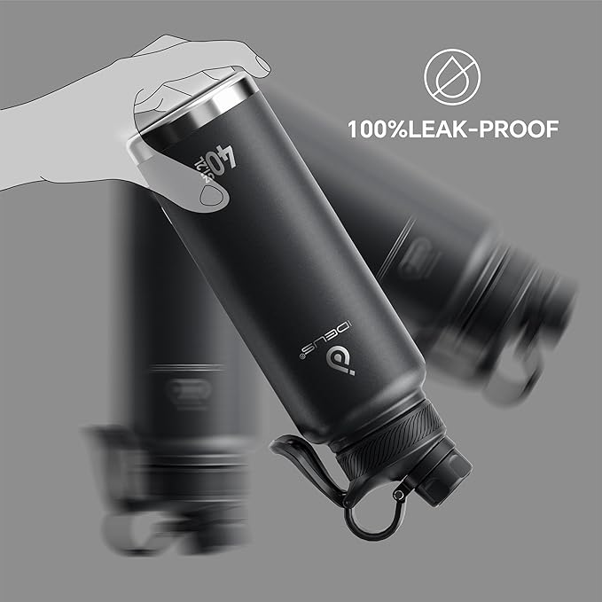 IDEUS Insulated Stainless Steel Water Bottle with 2 Leak-Proof Lids, Thermal Water Flask for Hiking Biking, 40oz, Black