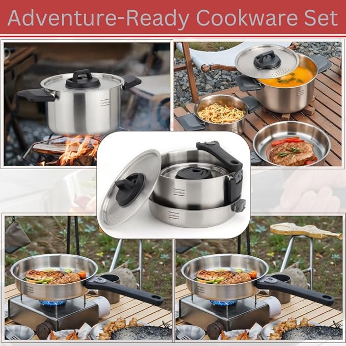 Stainless Steel Camping Kitchen Cookware - Frying Pan with Detachable Handle - Nesting Pots for Backpacking, Camp, and RV Cooking - 6 Piece Including 1.5L Frypan, 1.5L Small Pot & 3.5L Medium Pot