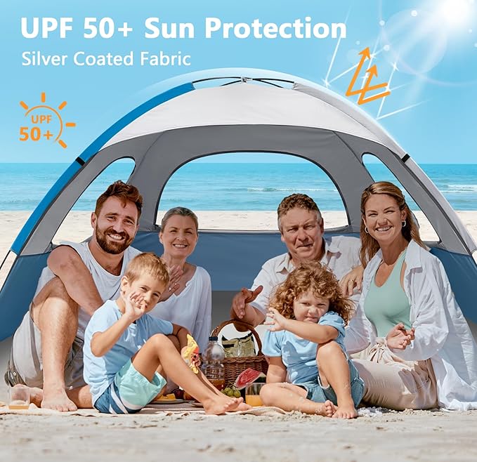 NXONE Beach Tent Sun Shade Shelter for 3/4/6 Person Person with UV Protection, Extended Floor, 3 Mesh Roll Up Windows & 8.0/8.5mm Fiberglass Rods丨Carry Bag Included