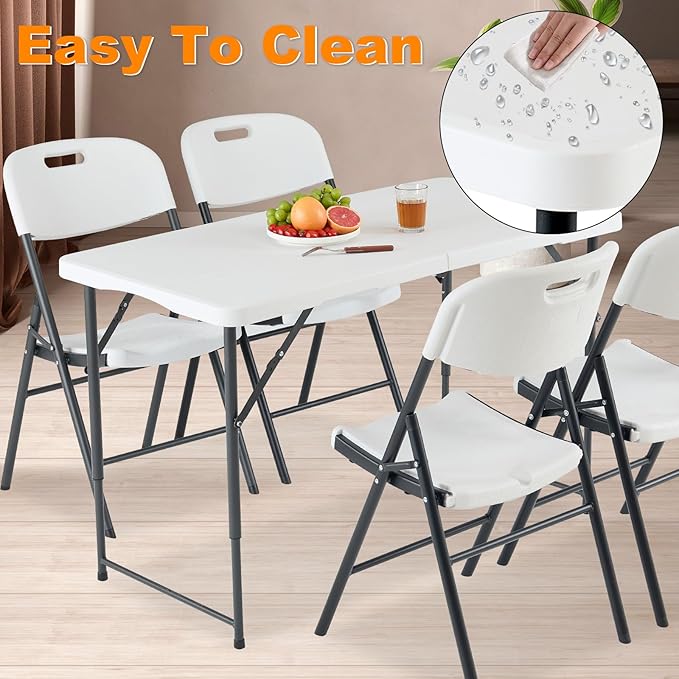 4ft Folding Table, Portable Fold-in-Half Adjustable Height Utility Table for Indoor/Outdoor Use, Durable HDPE & Steel, Stable & Lightweight, Multi-Purpose, White