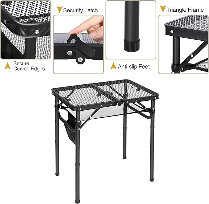 REDCAMP Small Folding Grill Table for Outside, 3 Heights Adjustable Lightweight Portable Metal Aluminum Outdoor Grill Table for Camping Picnic Cooking BBQ, Black 24x16 inches