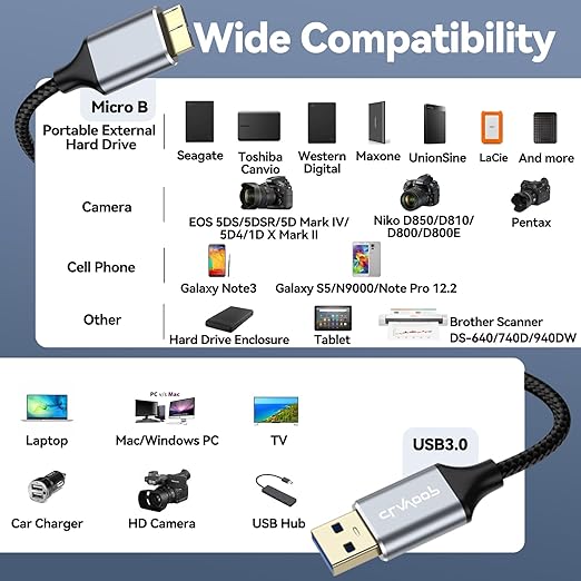 USB 3.0 to Micro B Cable 10ft, External Hard Drive Cord 5Gbps SuperSpeed Data Transfer Nylon Braided for Seagate Toshiba WD My Passport LaCie, SSD, Camera, Brother Mobile Scanner, Laptop, Tablet