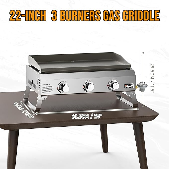 Tabletop Gas Griddle No Lid & Foldable Legs, 3-Burner BBQ Propane Flat Top Griddle, Portable Grill Stove for Outdoor Cooking Patio Party Camping Tailgating RV, Stainless Steel, GS311