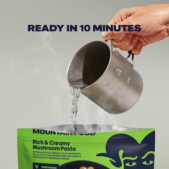 BIGHORN Mountain Food Vegetarian Creamy Mushroom Pasta - premium freeze dried meals for backpacking food - vegetarian backpacking meals - ideal camping meal just add water - great taste - 2 servings