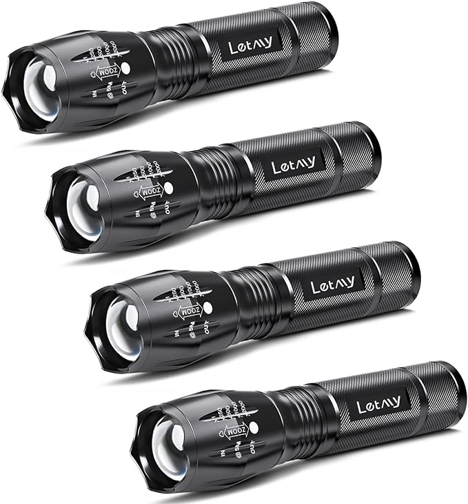 LETMY LED Tactical Flashlight S2000 [4 Pack] - High Lumens, Zoomable, 5 Modes, Waterproof Handheld LED Flashlight - Best Camping, Outdoor, Emergency, Everyday Flashlights
