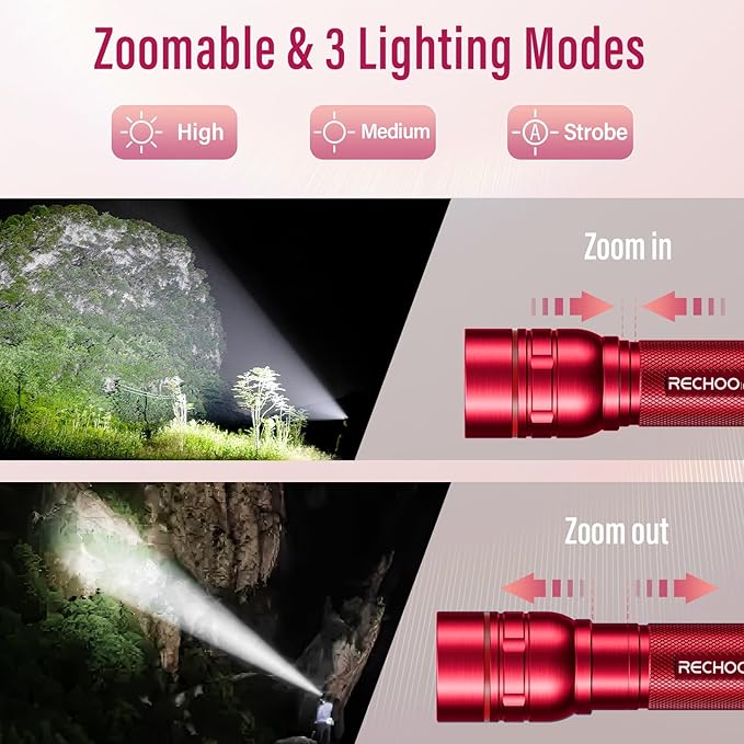 Rechargeable Flashlights High Lumens, G1000 Super Bright Flash Light 2 Pack, Small Zoomable LED Flashlight with 3 Lighting Modes, Portable Flashlights for Camping Essentials, Gift for Women (Red)