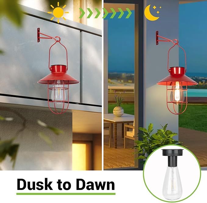 Solar Lanterns Outdoor Christmas Metal Solar Powered Hanging Lights Waterproof for Wall Barn Yard Garden Patio Garage Balcony Porch Fence Decor, Warm White Edison Bulb (Red-2pack)