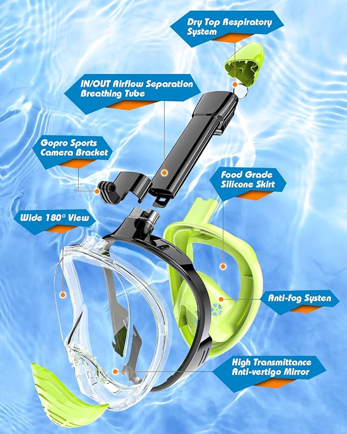 QingSong Full Face Snorkel Mask for Adults, Snorkeling Gear with Camera Mount, 180 Degree Panoramic View Snorkel Set Anti-Fog Anti-Leak