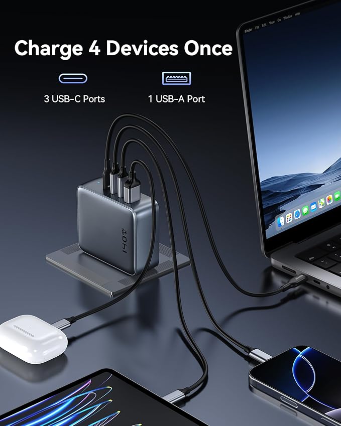 USB C Charger Block 140W, 4-Port GaN PD3.1 PPS Fast Laptop Charger Foldable Compact Power Adapter for MacBook Pro, iPhone 17/16/15 Series, iPad Air, Galaxy S25/S24 Ultra, Steam Deck, Google Pixelbook