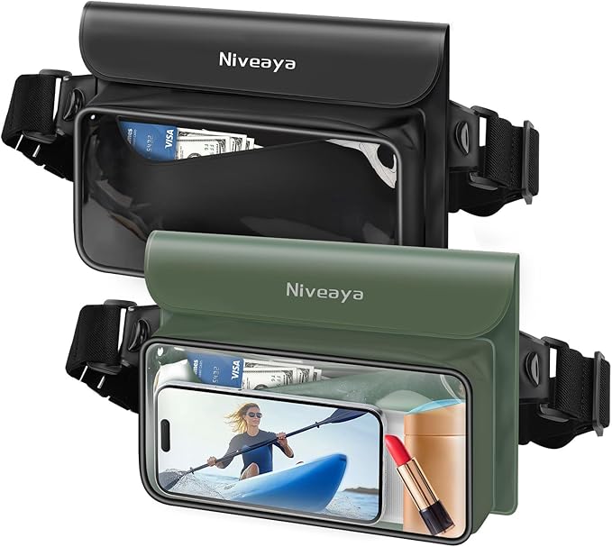Niveaya IP68 Waterproof Fanny Pack - 2 Pack, Floating Dry Bag Pouch, Phone Waterproof Waist Pouch Dry Bag, Beach, Kayaking, Swimming, Boat Essentials, for iPhone 16/15/14/13/12 Pro Max up to 9.5"