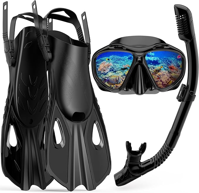 Snorkeling Gear for Adults Men Women, 3 in 1 Snorkel Set with Panoramic View Diving Mask Anti-Fog Anti-Leak, Snorkel Mask Dry Top Snorkel Fins for Swimming, Snorkeling and Travel Diving