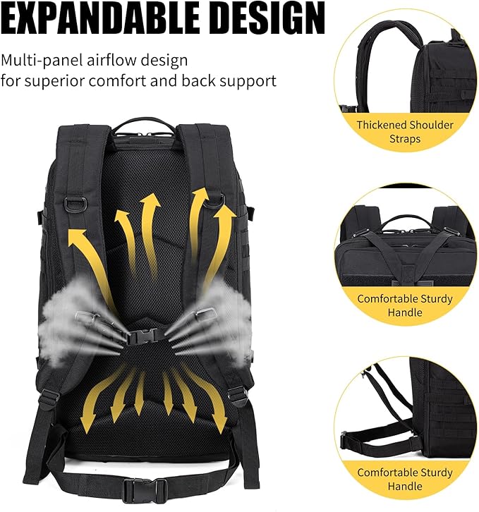 Tactical Backpack for Men, 50L/60L/70L Expandable Military tactical Backpack, Waterproof MOLLE Hiking & Camping Rucksack with Water Bottle Bag, Assault Pack & Bug Out Bag for Outdoor