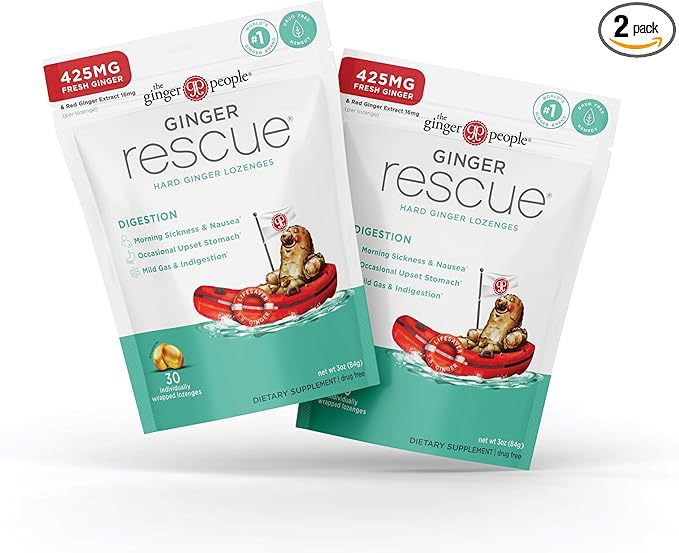 The Ginger People Ginger Rescue Digestive Wellness Lozenges (Hard) | Regular Strength - 425mg | Morning Sickness, Nausea, Upset Stomach, Mild Gas & Indigestion, 30 Count (Pack of 2)