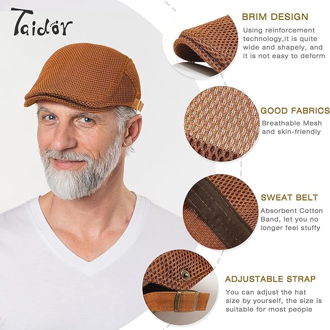 2 Pack Men's Mesh Cap Breathable Summer Newsboy Hat Adjustable Beret Ivy Cap Irish Cabbie Driving Hunting Hats