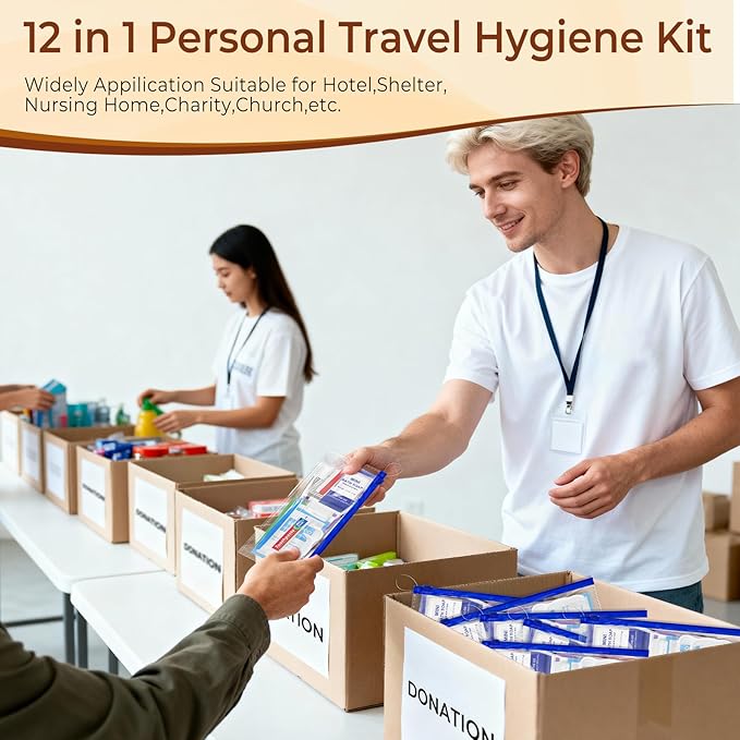 10 Set Personal Hygiene Kit Bulk,12-IN-1 Individually Wrapped Blue Basic Toiletry Supplies Disposable Travel Toothbrushes and Hotel Vanity Set for Homeless,Guests,Charity