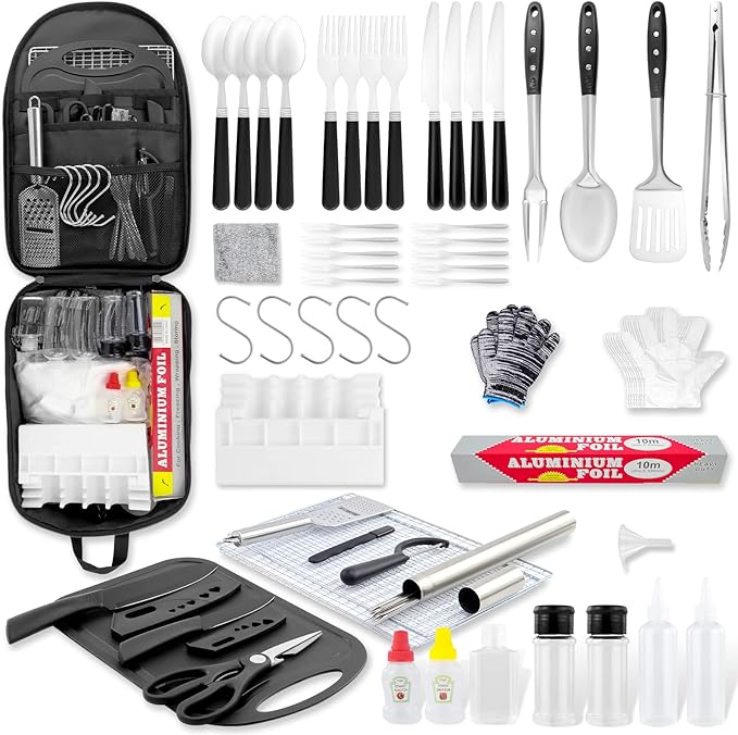 55Pcs Camping Utensils Cooking Set, 2 in 1 Camping Cooking Set & Campfire Grilling Cookware, Portable RV Camping Essentials, Camp Cooking Gear Must Haves Supplies for Travel BBQ Grill Picnic