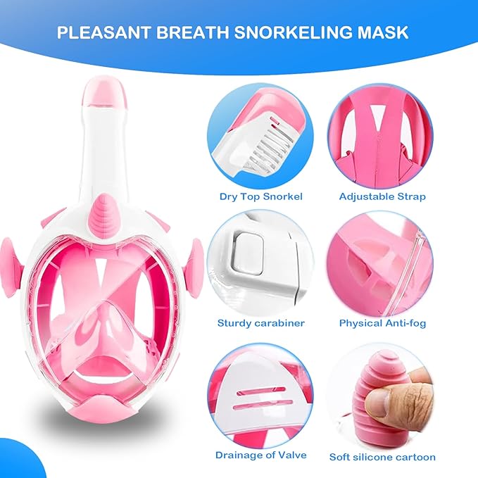Kids Snorkel Mask, Full Face Snorkel Mask for Kids 4-16, 180 HD View Anti-Fog Anti-Leak Snorkel Mask for Kids Snorkel Set Snorkeling Gear for Kids