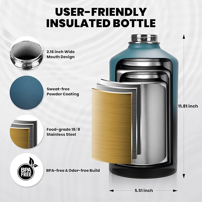 One Gallon Water Bottle Insulated, Triple Walled Vacuum Stainless Steel (Cold for 48 Hrs), Leak Proof & Non-BPA, Large Water Flask Jug with Paracord Handle & Straw Spout Lids