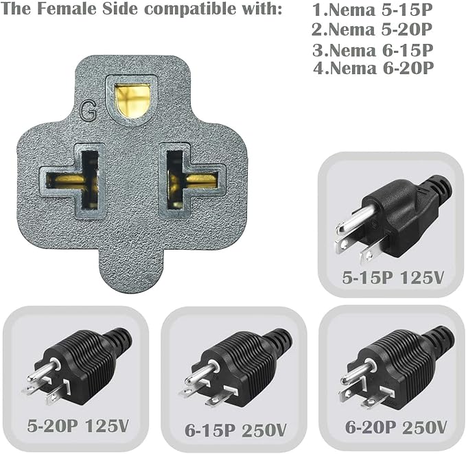 1Ft 20A AC Power Plug to T-Blade Adapter Cable, NEMA6-20P to 5-20R/ 6-15R/5-15R, 4 in 1 AC Adapter,12AWG Heavy Duty Extension Cable for Air Conditioner Etc.