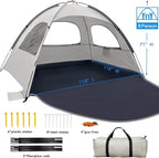 WhiteFang Beach Tent Anti-UV Portable Sun Shade Shelter for 3/4/6/8 Person, Extendable Floor with 3 Ventilating Mesh Windows Plus Carrying Bag, Stakes and Guy Lines