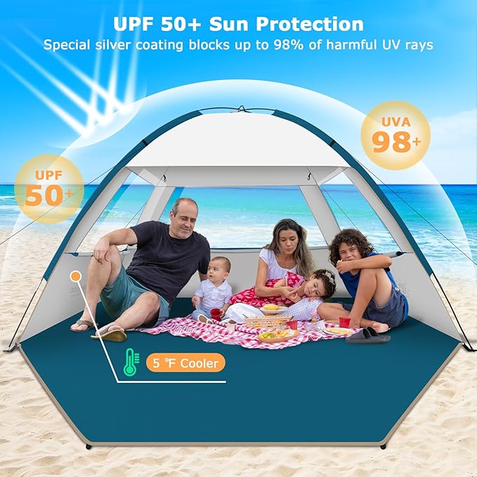 COMMOUDS Beach Tent Sun Shade for 3/4-5/6-7/8-10 Person, UPF 50+ Beach Sun Shelter Canopy Tent, Lightweight, Easy Set Up and Carry
