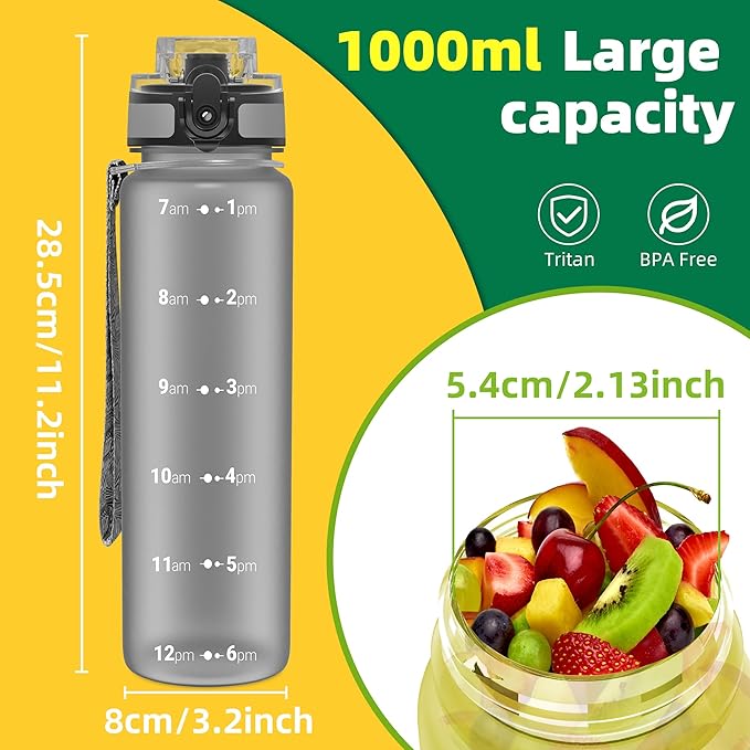 OLDLEY 32 oz Water Bottle, Motivational Water Bottle with Time Marker, Sports Water Bottle With Strap, Leakproof & BPA Free Large Water Bottles for School, Gym, Travel, Outdoor, Tritan,White&Black