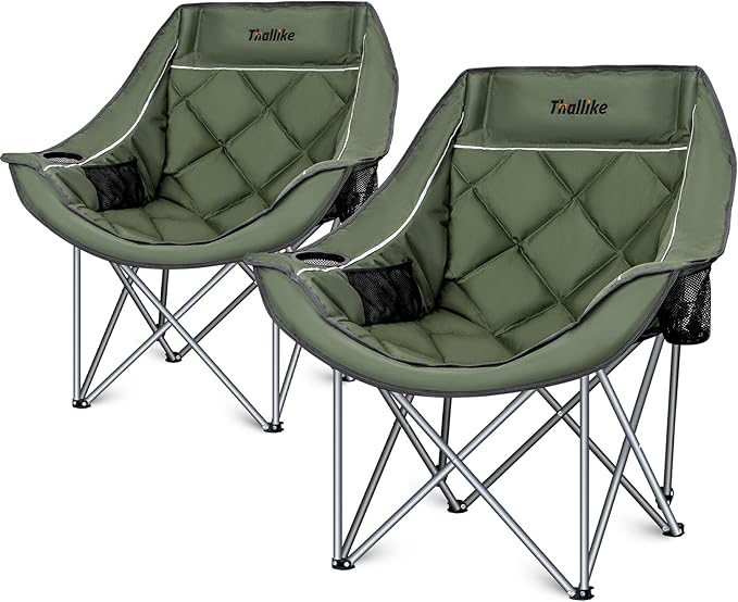 Oversized Camping Chair, Portable Folding Padded Camping Chairs with Cup Holder and Carry Bag, Heavy Duty Outdoor Camping Chairs for Adults, Up to 400Lb, for Fishing Sports (Green-2 Pack)