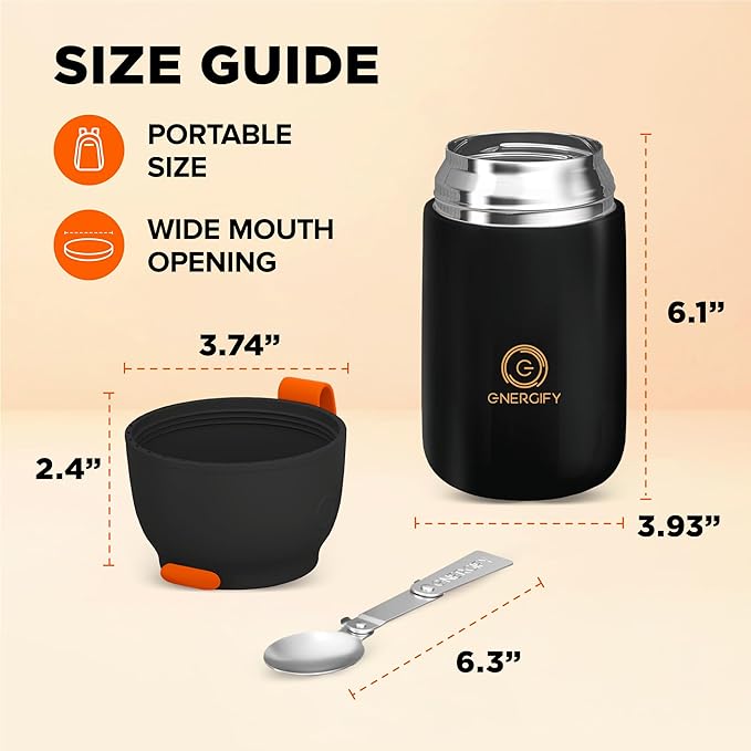 ENERGIFY Vacuum Insulated Food Jar. Large 24oz Bowl incl. Folding Spoon, Cup. Wide Mouth Keep Hot & Cold Drinks Soup Lunch Container for Adults. BPA-Free Stainless Steel, Leak Proof Black Matte