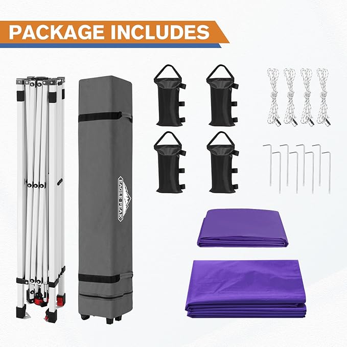 EAGLE PEAK Pop Up Canopy Tent with 1 Sidewall, Easy Setup Event Tent, Outdoor Sun Shade, Wheeled Carry Bag, Stakes and Guy Ropes, Instant Canopy 10x10, Purple
