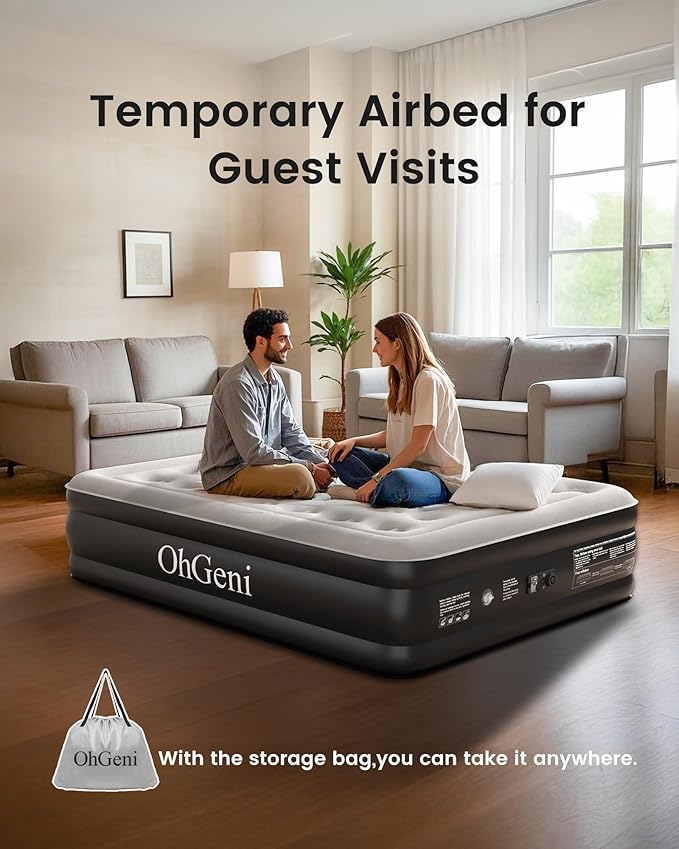 OhGeni Air Mattress Queen with Built in Pump, Inflatable Blow Up Mattress 18 Raised Comfort,Upgraded Surface Portable Mattress, Air Bed for Camping, Home and Guest, Colchone Inflable, 650 lbs Max