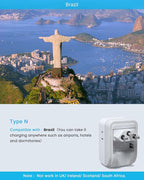 1 Pack Brazil Power Adapter, VINTAR Foldable US to Brazil Travel Adaptor with 4 American Outlets 3 USB Ports(2 USB C), 7 in 1 Type N Plug Adapter for USA to Brazilian Brazil