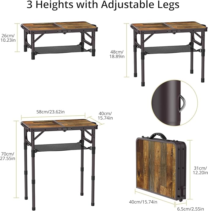 2ft Camping Table Foldable with Storage Net, 3 Adjustable Heights 27.5" Aluminum Small Portable Table with Carrying Handle, for Outdoor Indoor Picnic Beach Party Travel, 24" X 16", Brown