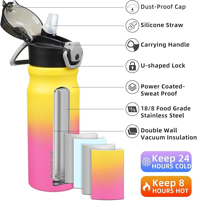 BJPKPK Stainless Steel Insulated Water Bottle With Straw Lid 18oz Reusable Metal Thermo Bottles Keep Cold And Hot,Rainbow