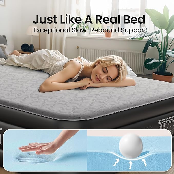 OhGeni 20" Luxury Full Air Mattress with Built-in Pump, Inflatable Bed with Silk Foam Topper for Superior Comfort, Premium Blow-Up Mattress for Home, Camping & Guests, Easy Setup, Extra Support, Black