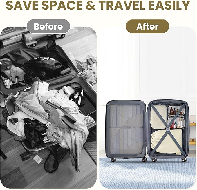 10 Set Compression Packing Cubes, Lightweight Travel Essentials, Stretchable Expandable Storage Bags, Compression Bags for Travel Accessories Luggage Storage Set (10 Pcs, Beige)