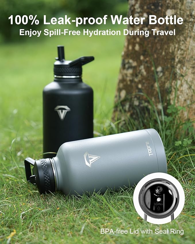 Insulated Water Bottle, 64 oz Stainless Steel Water Bottles with Straw, Leak Proof & BPA Free, Reusable Jug Thermo Flask for Outdoor Sports Gym Camping, Grey