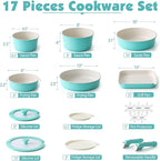 SENSARTE 17 Piece Ceramic Pots and Pans Set, Nonstick Detachable Handle Cookware, Induction Kitchen Cookware Set with Removable Handle, Dishwasher ＆ Oven Safe (Turquoise)