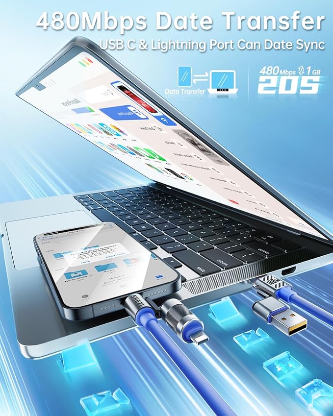 4 in 1 USB C Cable Lightning Cable,100W Fast Charging & Data Transfer,iPhone iPad Charger Cord with Lightning/Type C/USB A for iPhone 16/15/Macbook,IPad,5FT Blue [SHEZI Series]