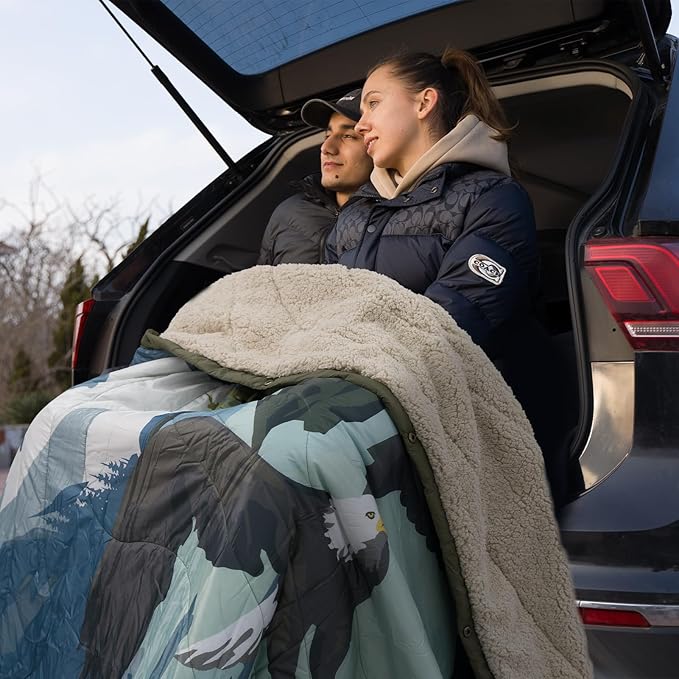 Outdoor Camping Blanket with Sherpa Lining, Extra Warm Thick Camp Blankets and Puffy Ultralight Soft Poncho DWR Camping Quilt for Cold Weather, Adventure, Sleeping, Backpacking 78"x 56"